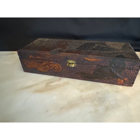 Antique Handcrafted Wooden Jewelry Box With Etching of Woman Satin Lining & Carv - Picture 2 of 9